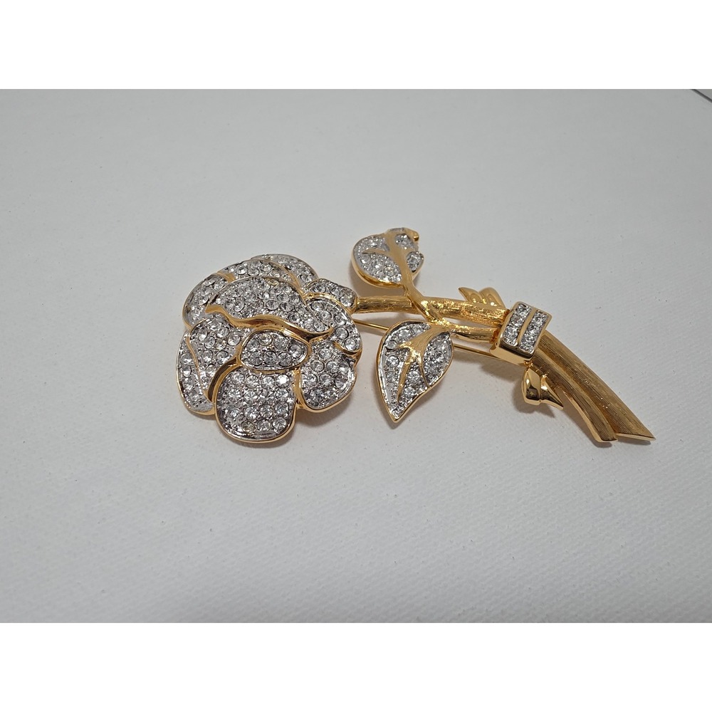 Vintage Nolan Miller Gold Tone Pave Crystal Rose Flower Brooch Pin